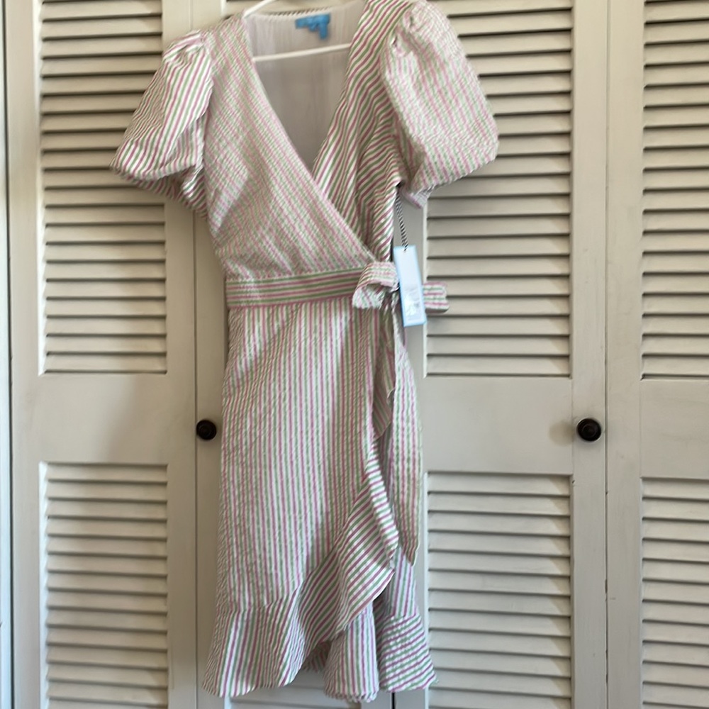 Summery Striped Seersucker Wrap Dress